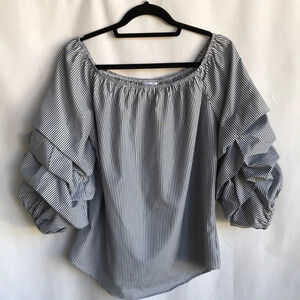 Roommates gray and white vertical stripe peasant top with layered puffy sleeves